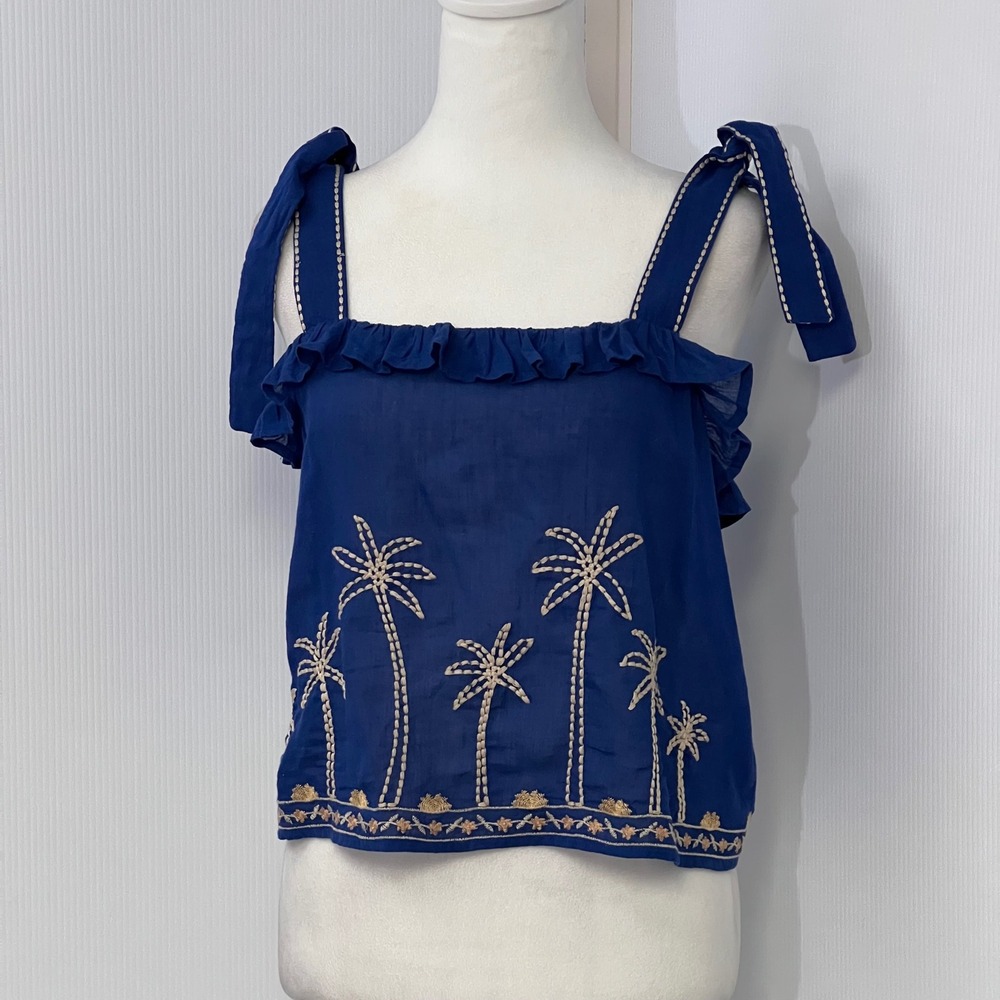Band of the Free Palm Tree Embroidered Navy Blue Tie Strap Ruffle Tank Top
